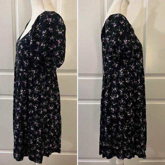 Wild Fable Black Purple Floral Sweetheart Peasant Puff Sleeve Babydoll Dress MED - Picture 5 of 12